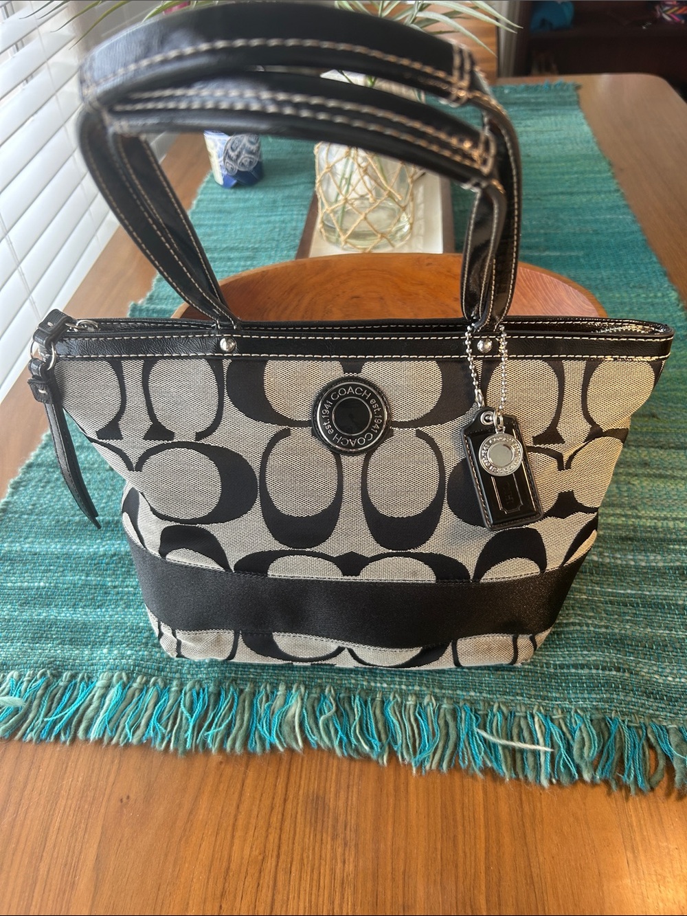 Coach Black and Cream Signature Canvas Shoulder Bag